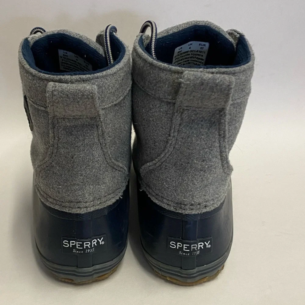 Sperry Top‎ Sider Duck Boots Gray Wool Navy Rubber Waterproof Womens Size 5M